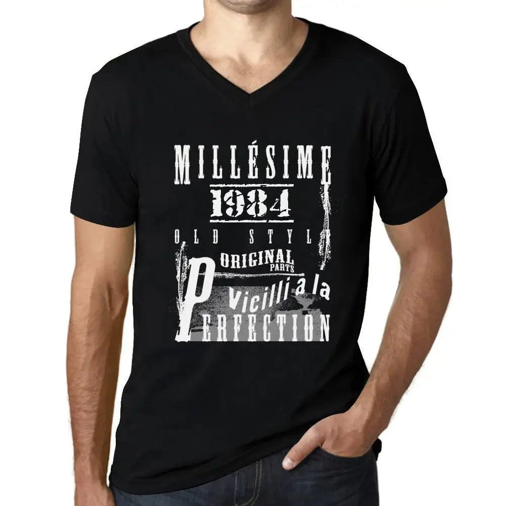 Men's Graphic T-Shirt V Neck Vintage Aged to Perfection 1984 – Millésime Vieilli à la Perfection 1984 – 40th Birthday Anniversary 40 Year Old Gift 1984 Vintage Eco-Friendly Short Sleeve Novelty Tee