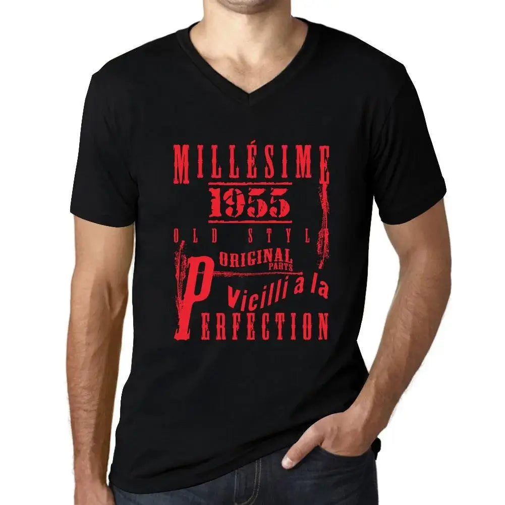 Men's Graphic T-Shirt V Neck Vintage Aged to Perfection 1955 – Millésime Vieilli à la Perfection 1955 – 69th Birthday Anniversary 69 Year Old Gift 1955 Vintage Eco-Friendly Short Sleeve Novelty Tee