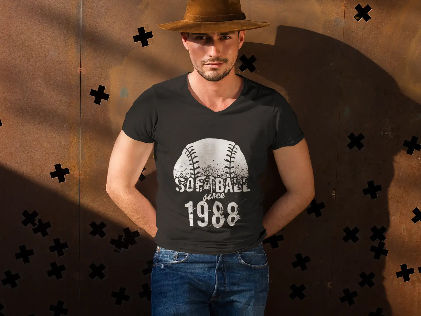 Men's Graphic V-Neck T-Shirt Softball Since 1988 Deep Black