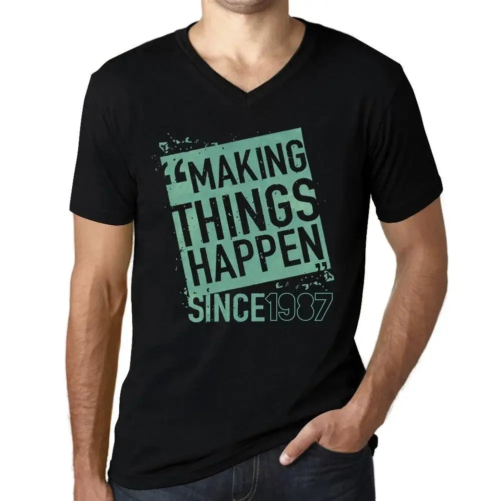 Men's Graphic T-Shirt V Neck Making Things Happen Since 1987 37th Birthday Anniversary 37 Year Old Gift 1987 Vintage Eco-Friendly Short Sleeve Novelty Tee