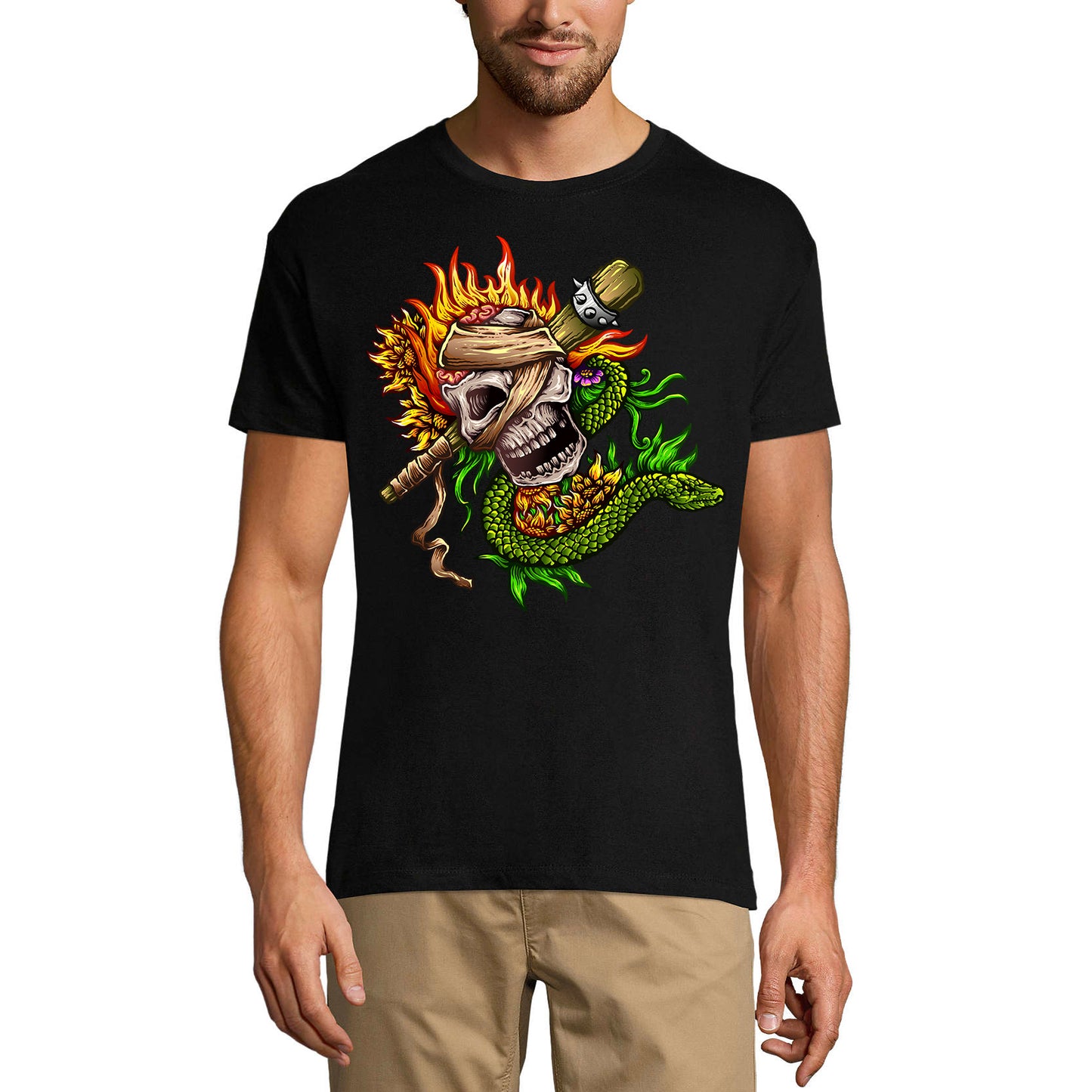 ULTRABASIC Men's Graphic T-Shirt Fire Skull Snake - Skull Shirt for Men