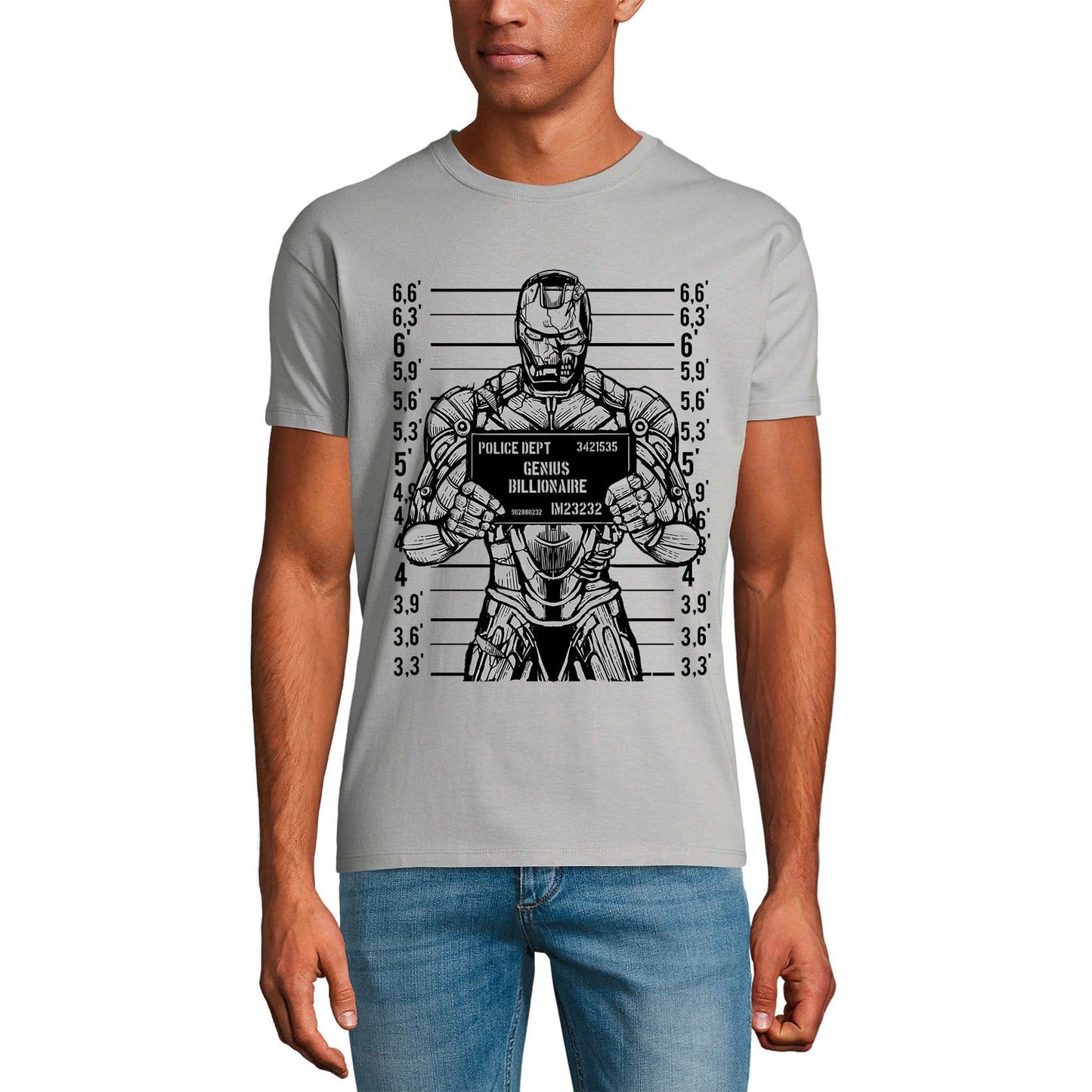 ULTRABASIC Men's Graphic T-Shirt Genius Billionaire Mugshot Shirt - Funny Shirt  tony stark mugshot camisas avengers funny shirts marvel ironman dr stark boy tee ends of the earth bring me popcorn industries camisas de marvel merch endgame logo infinity stones police department super hero villain character movie funny sarcasm xl