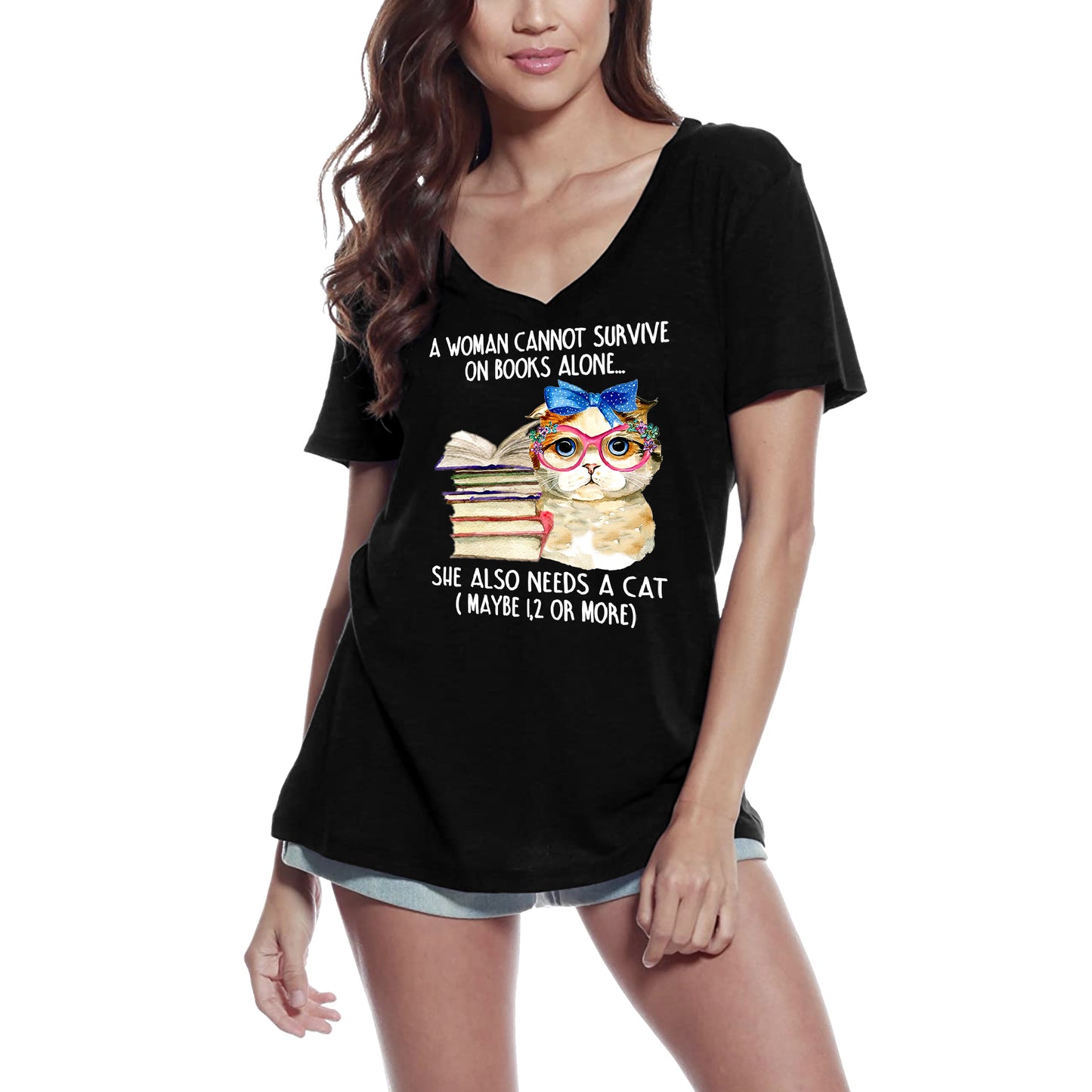 ULTRABASIC Women's T-Shirt A Woman Can Not Survive on Books Alone She Needs Cats - Funny Kitten Shirt for Cat Lovers