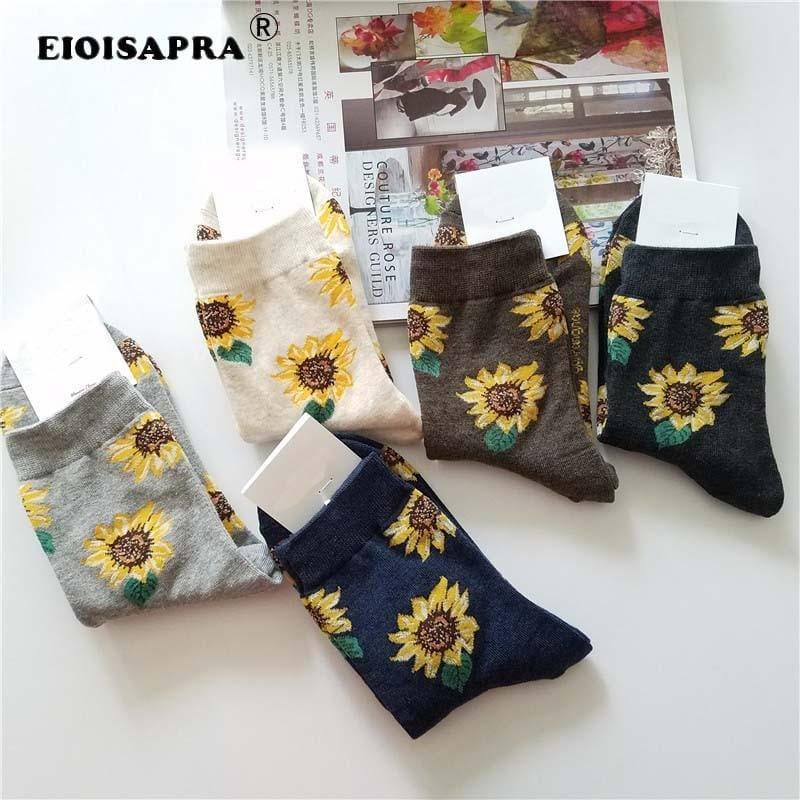 [EIOISAPRA]Korean Style Women Sunflower Short Socks Creative Art Harajuku Japanese Socks High Quality Cotton Tide Sox