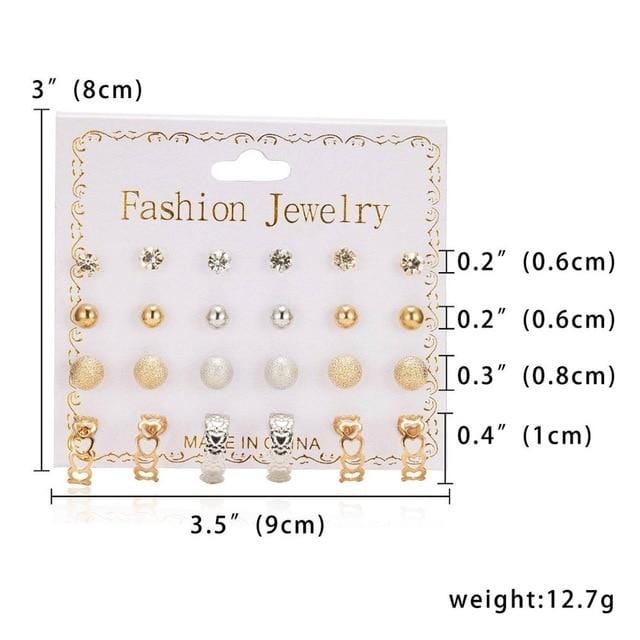 12 Pairs/set Stud Earrings Set With Card Transparent Zircon Balls Love Flowers Earrings Women Imulated Pearl Earrings Jewelry