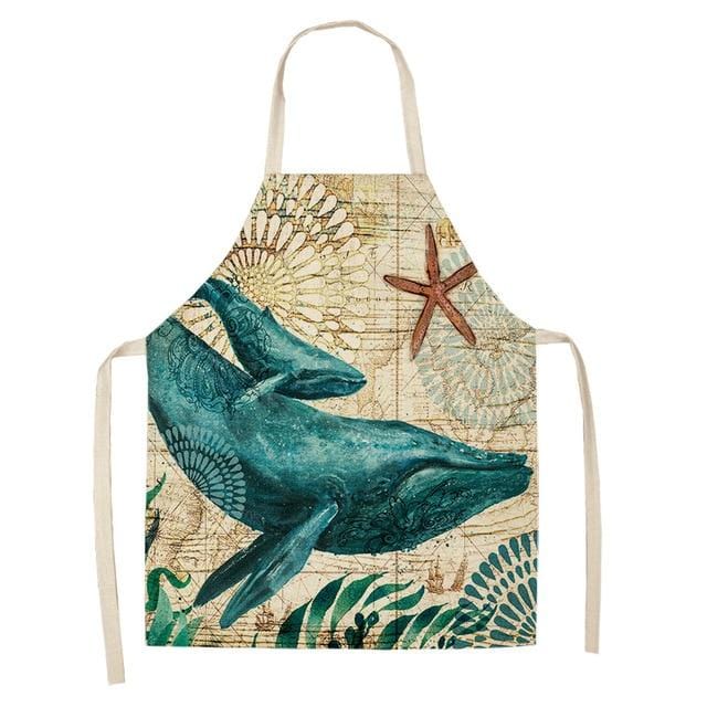 Marine Animals Printed Kitchen Aprons for Women Kids Sleeveless Cotton Linen Bibs Cooking Baking Cleaning Tools 53*65cm GT1299