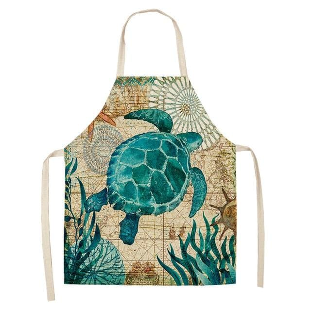 Marine Animals Printed Kitchen Aprons for Women Kids Sleeveless Cotton Linen Bibs Cooking Baking Cleaning Tools 53*65cm GT1299