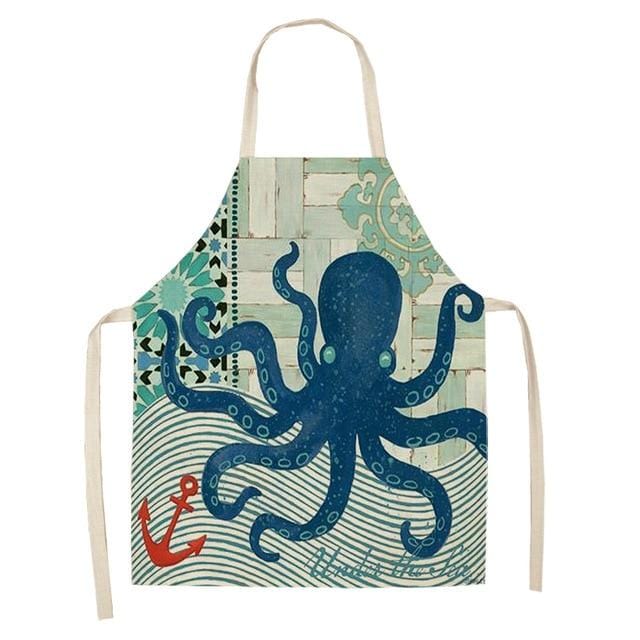 Marine Animals Printed Kitchen Aprons for Women Kids Sleeveless Cotton Linen Bibs Cooking Baking Cleaning Tools 53*65cm GT1299