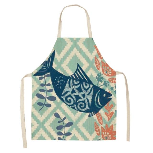 Marine Animals Printed Kitchen Aprons for Women Kids Sleeveless Cotton Linen Bibs Cooking Baking Cleaning Tools 53*65cm GT1299