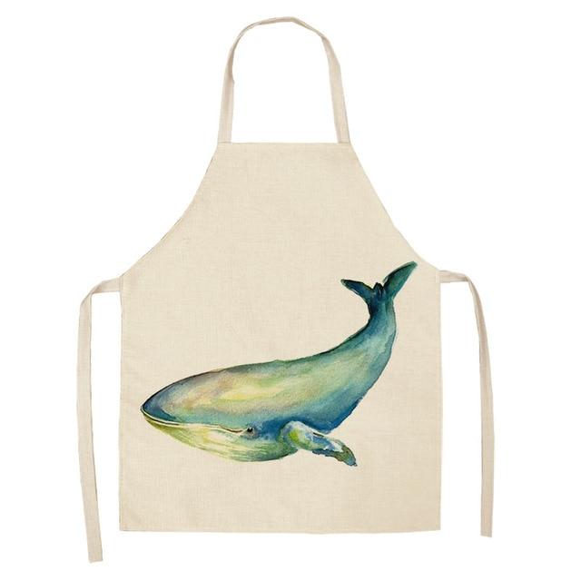 Marine Animals Printed Kitchen Aprons for Women Kids Sleeveless Cotton Linen Bibs Cooking Baking Cleaning Tools 53*65cm GT1299