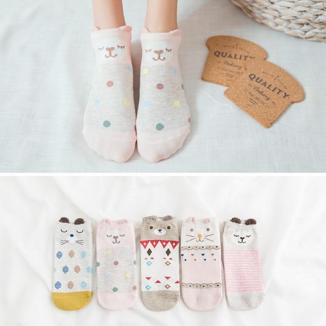 5Pairs New Arrivl Women Cotton Socks Pink Cute Cat Ankle Socks Short Women Socks Casual Animal Ear Red Heart Gril Socks 35-40