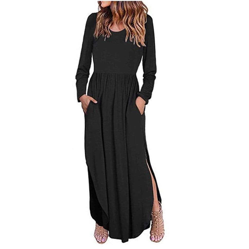 Women Loose Split Waist Swing Long Sleeve Casual Floor Length Maxi Long Dresse - Black / L